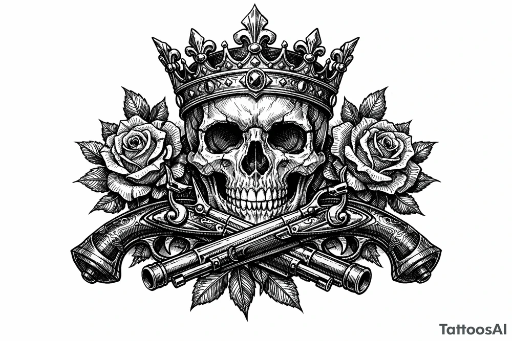 Skull with a regal crown, crossed flintlock pistols, and dark red roses. tattoo idea