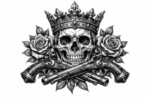 Skull with a regal crown, crossed flintlock pistols, and dark red roses. tattoo idea