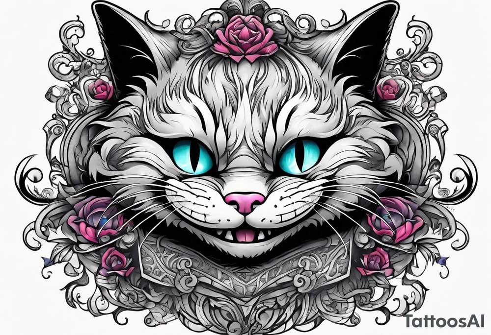 the whole body of the cheshire cat with head turned upside down tattoo idea