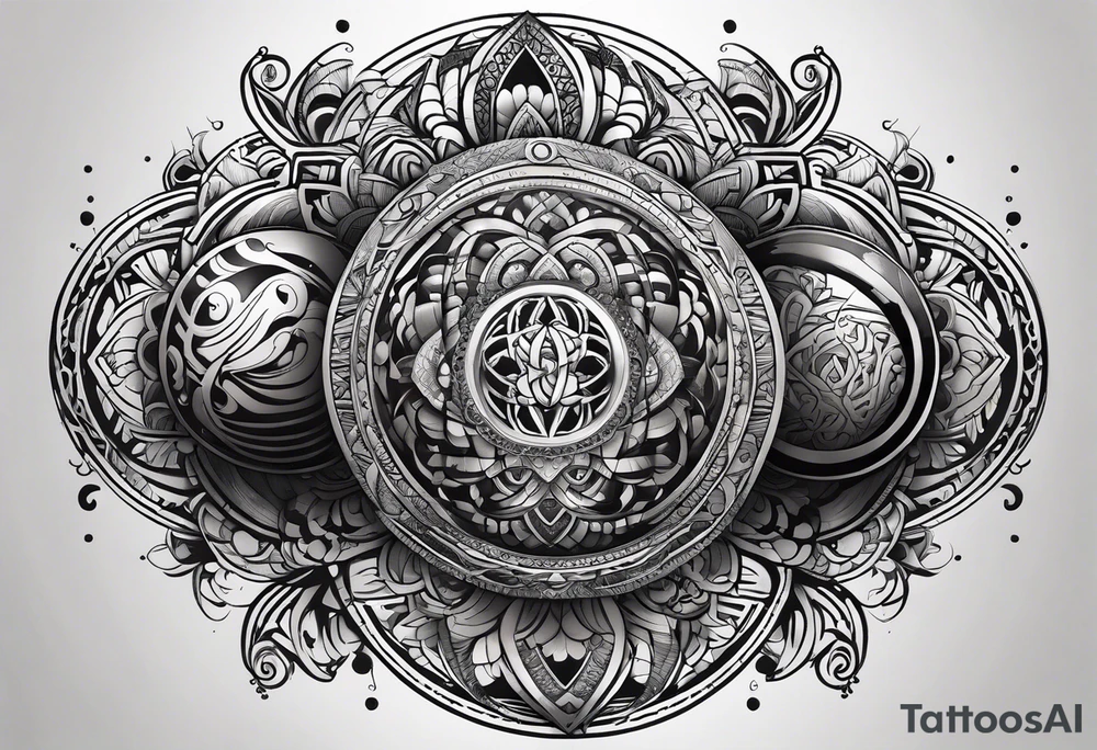 male tattoo on arm, drawing symbolizing balance of life spheres tattoo idea