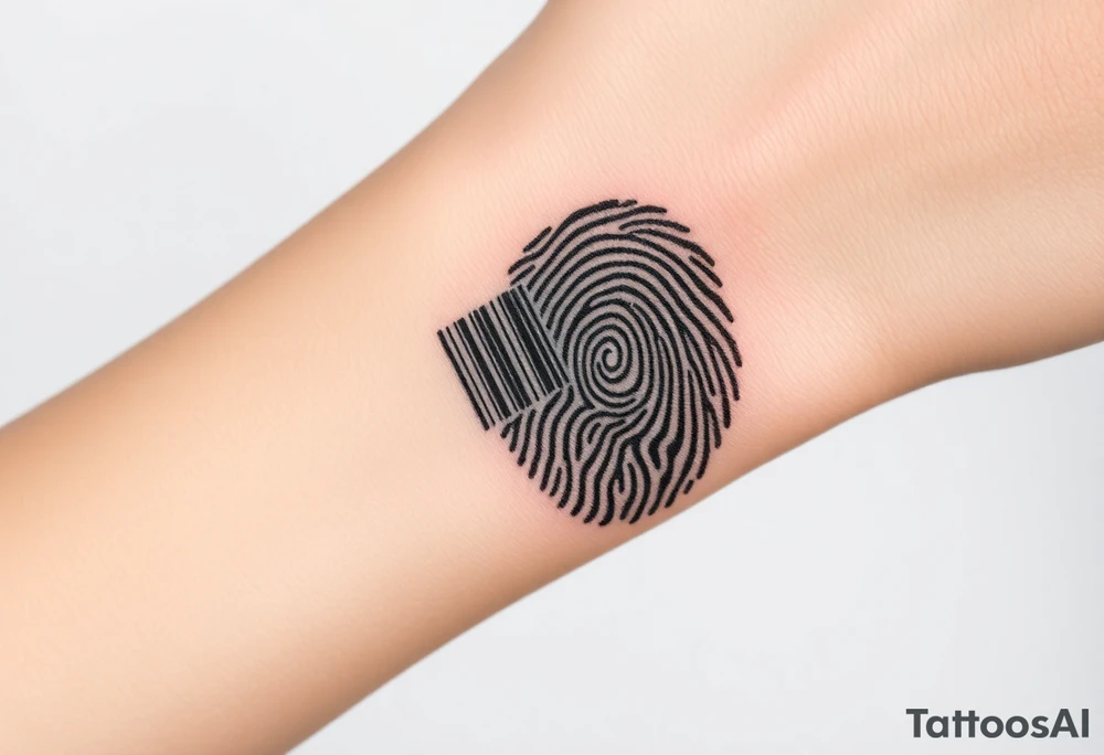 A barcode seamlessly merging into a fingerprint, symbolizing love that is unique and irreplaceable. tattoo idea