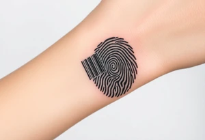 A barcode seamlessly merging into a fingerprint, symbolizing love that is unique and irreplaceable. tattoo idea