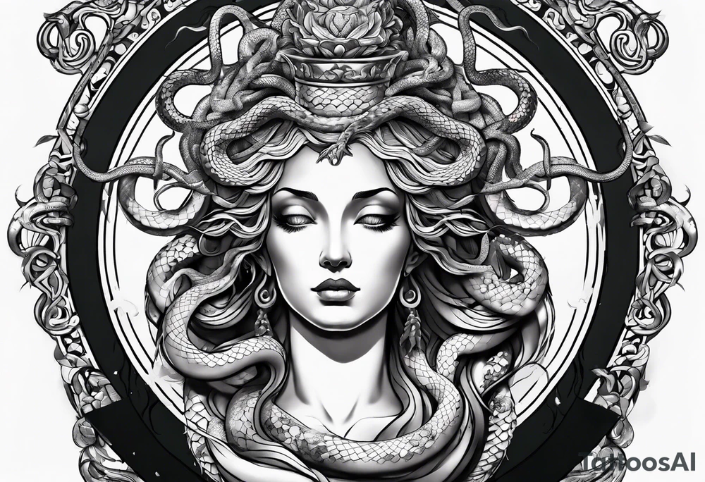arm tattoo of Medusa as a statue with snakes for hair tattoo idea