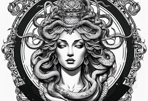arm tattoo of Medusa as a statue with snakes for hair tattoo idea