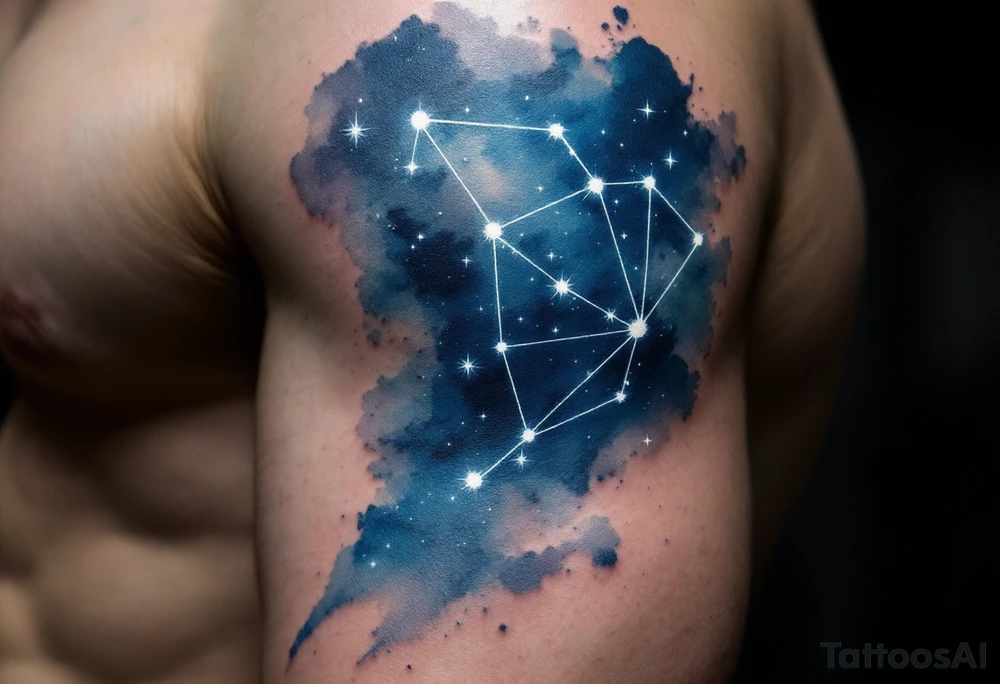 A night-sky Aries tattoo combines navy and indigo watercolor with the Aries star constellation drawn in white ink. tattoo idea
