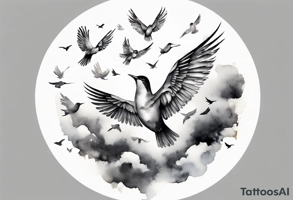shoulder tattoo with light rays with birds flying free among the clouds, round shape, 3d effect tattoo idea shoulder tattoo with light rays with birds flying free among the clouds, round shape, 3d effect tattoo idea