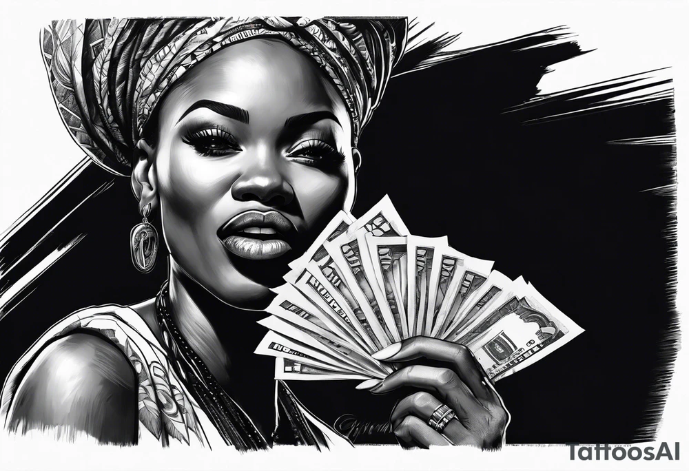 african woman biting money tattoo idea