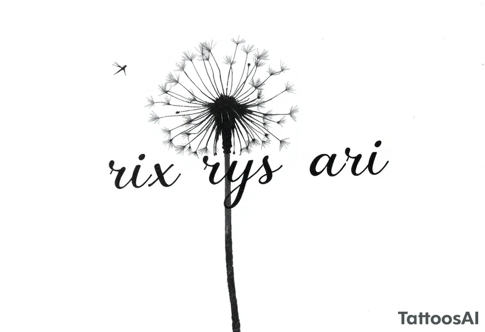 This image showcases a black-and-white watercolor-style illustration of a dandelion. The dandelion is depicted in fine detail, with its delicate seeds dispersing into the air. The artistic approach includes an ink-wash effect, where the stems appear to be dripping down like wet ink or paint, creating a dreamy and fluid aesthetic.

The background is minimalistic, with soft splatters and shading, adding to the abstract and ethereal feel. The contrast between the dark ink and the white background gives the image a striking, modern, and artistic look. It conveys themes of freedom, change, and the fleeting nature of time. Rix Rys Ari tattoo idea