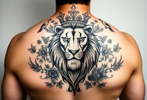 powerful majestic lion with a crown, surrounded by floral ornaments and birds tattoo idea