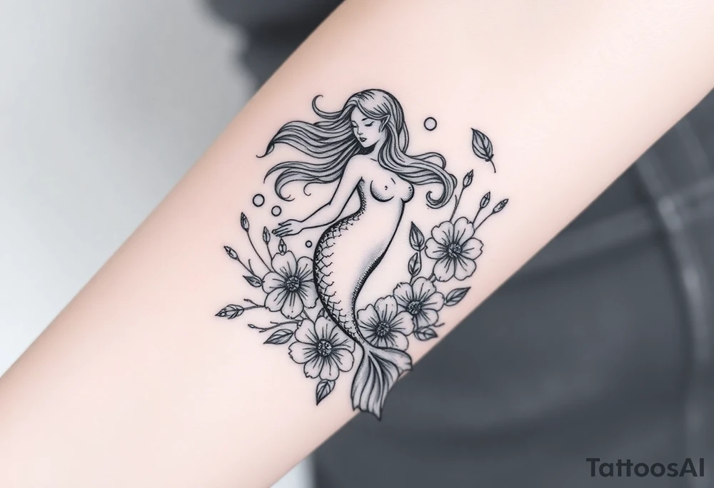 ethereal mermaid with flowing hair among coral and sea flowers tattoo idea