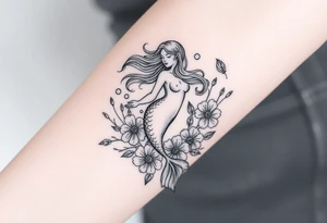 ethereal mermaid with flowing hair among coral and sea flowers tattoo idea