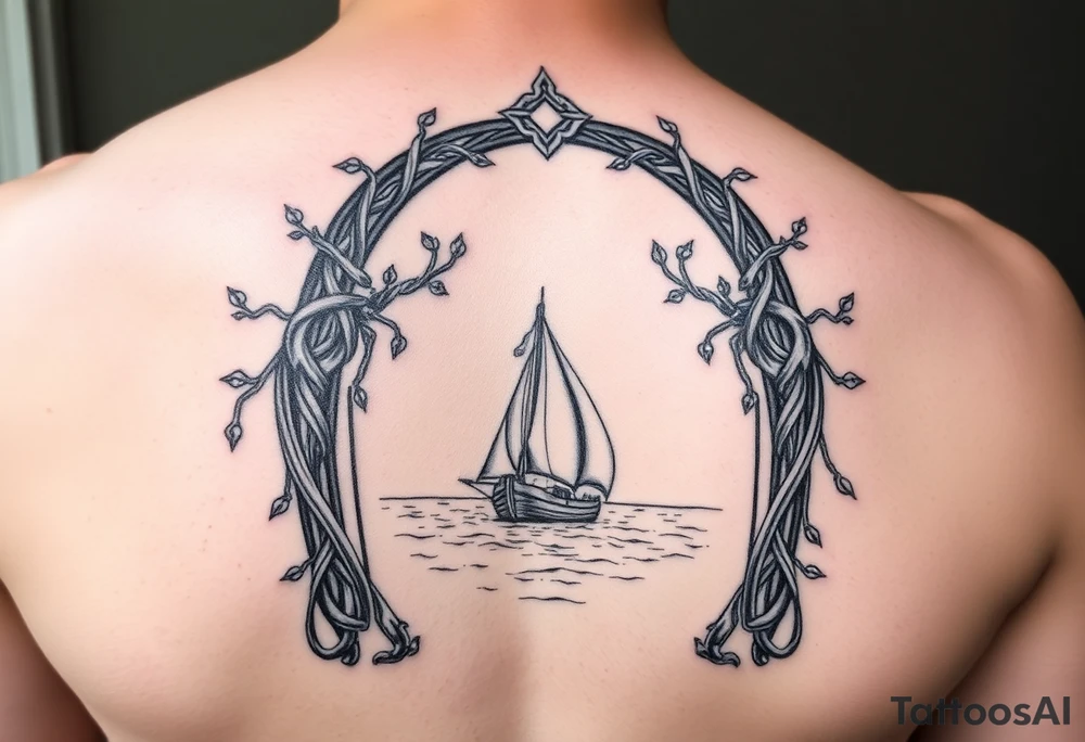 sleeve tattoo.elven arch decoration, intricate designs of celtic knots, vines and leaves twirling across arch, sea in the background with sailboat tattoo idea
