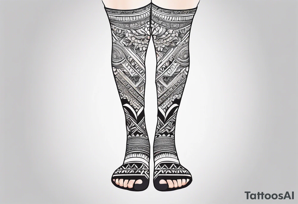 Hindu Sanskrit tribal design on right lower leg, below knee to top of feet tattoo idea