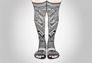 Hindu Sanskrit tribal design on right lower leg, below knee to top of feet tattoo idea