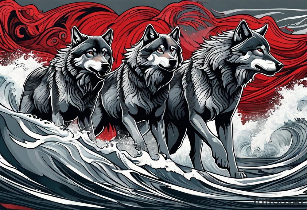 a pack of howling muscular  gray wolves surfing waves with a linear background with red, white and black and gray tattoo idea