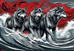 a pack of howling muscular  gray wolves surfing waves with a linear background with red, white and black and gray tattoo idea