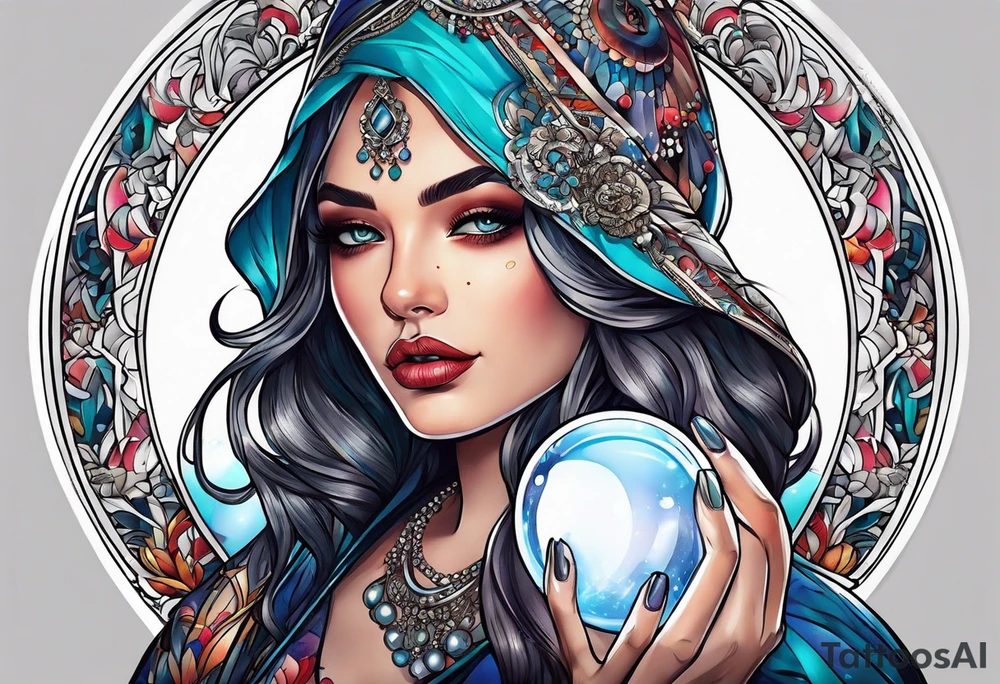 woman holding crystal ball tattoo idea