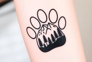 Mountains and a forest inside a paw print silhouette, with a smooth transition between nature and the Paw Patrol emblem. tattoo idea