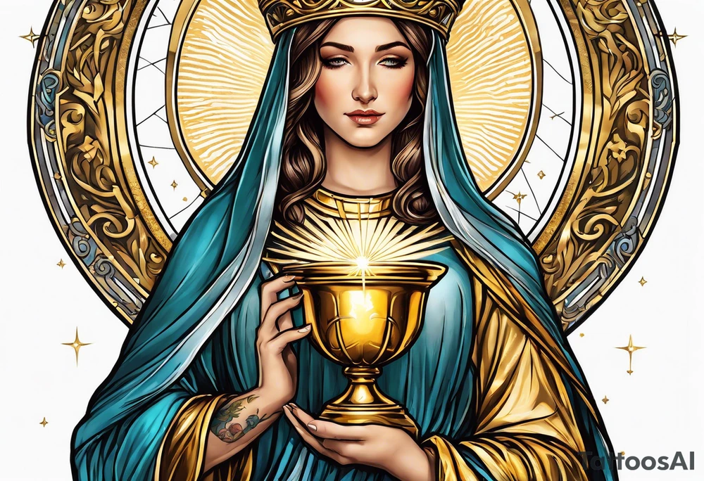 holy saint woman turned away with golden halo holding a chalice tattoo idea