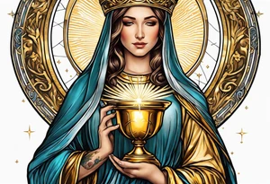 holy saint woman turned away with golden halo holding a chalice tattoo idea