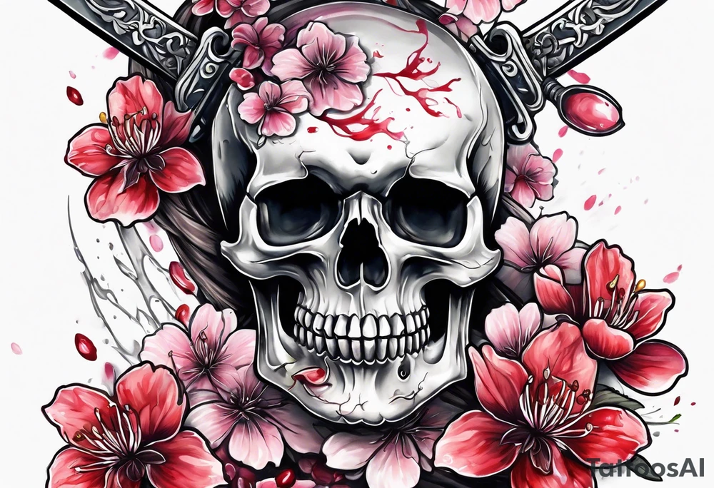 Bloody sword in a skull cherry blossom growing tattoo idea