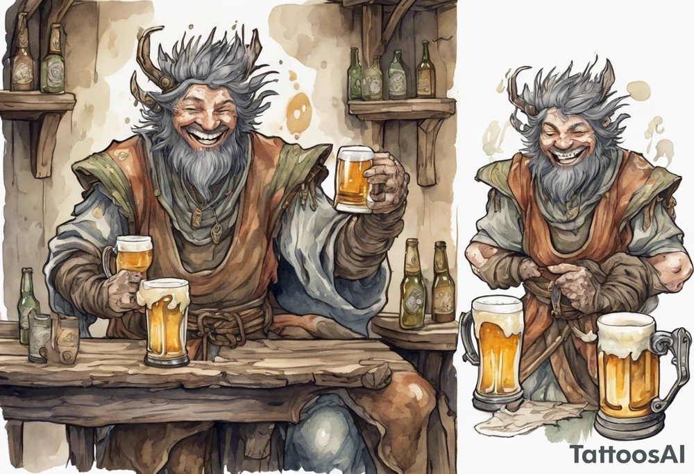 a medieval spriggan wearing a tunic and drinking from a pewter mug of beer in a tavern, laughing tattoo idea