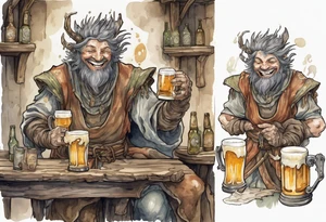 a medieval spriggan wearing a tunic and drinking from a pewter mug of beer in a tavern, laughing tattoo idea