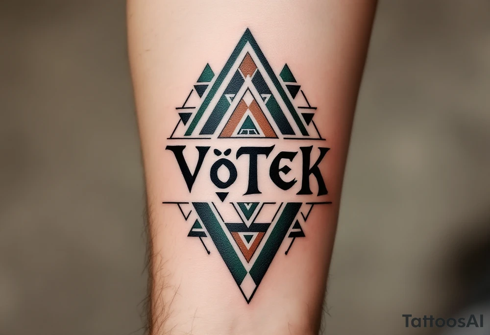 Vítek written in strong, clean letters, surrounded by geometric triangles in shades of forest green and earthy brown. tattoo idea
