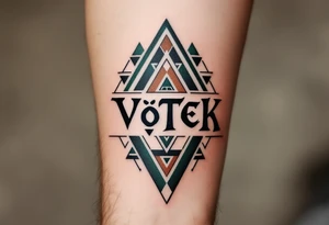 Vítek written in strong, clean letters, surrounded by geometric triangles in shades of forest green and earthy brown. tattoo idea
