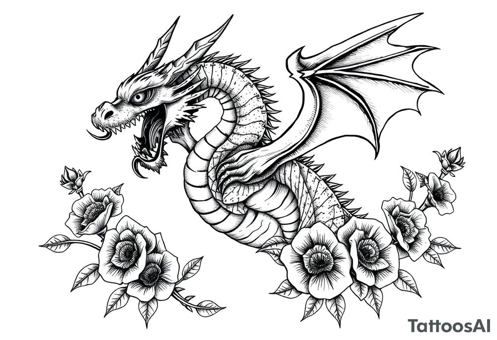 scary dragon with death flowers tattoo idea