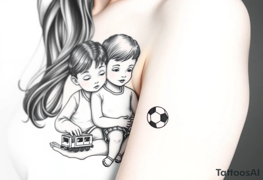 A mother with two boys, a small train toy and a small football toy. tattoo idea