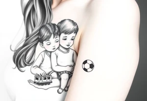 A mother with two boys, a small train toy and a small football toy. tattoo idea