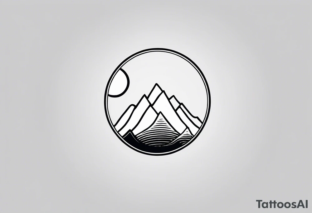 A minimalist black-and-white tattoo design, intended to be placed just above the inner elbow. The design features a thin, open circle symbolizing a cycle or new beginning. Inside the circle is a small, stylized mountain silhouette, simple and clean, representing stability and growth. From the base of the mountain, a fine, gently wavy line resembling a lifeline extends outward from the circle, symbolizing life’s journey with its ups and downs. The style is delicate and refined, with clean, thin lines for a subtle yet powerful symbol. tattoo idea