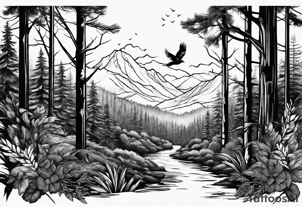 forest with birds and a trail tattoo idea