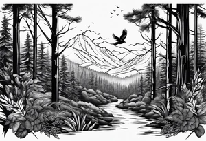 forest with birds and a trail tattoo idea
