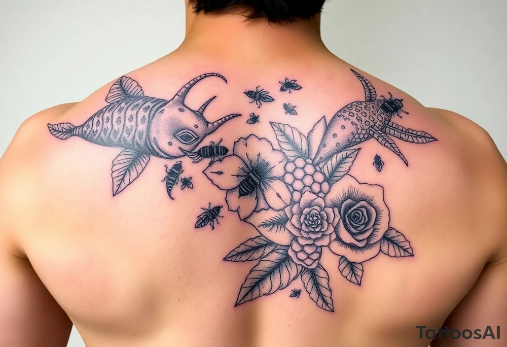 Colorful sea creatures with honey comb, bees, and roses tattoo idea