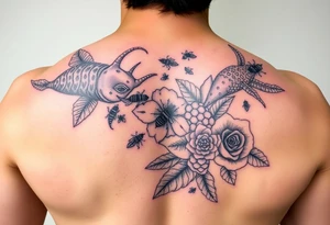 Colorful sea creatures with honey comb, bees, and roses tattoo idea