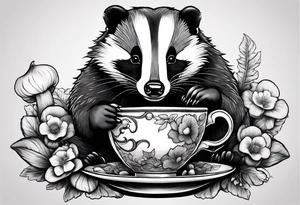 Badger in a coat with a teacup sitting on a mushroom tattoo idea
