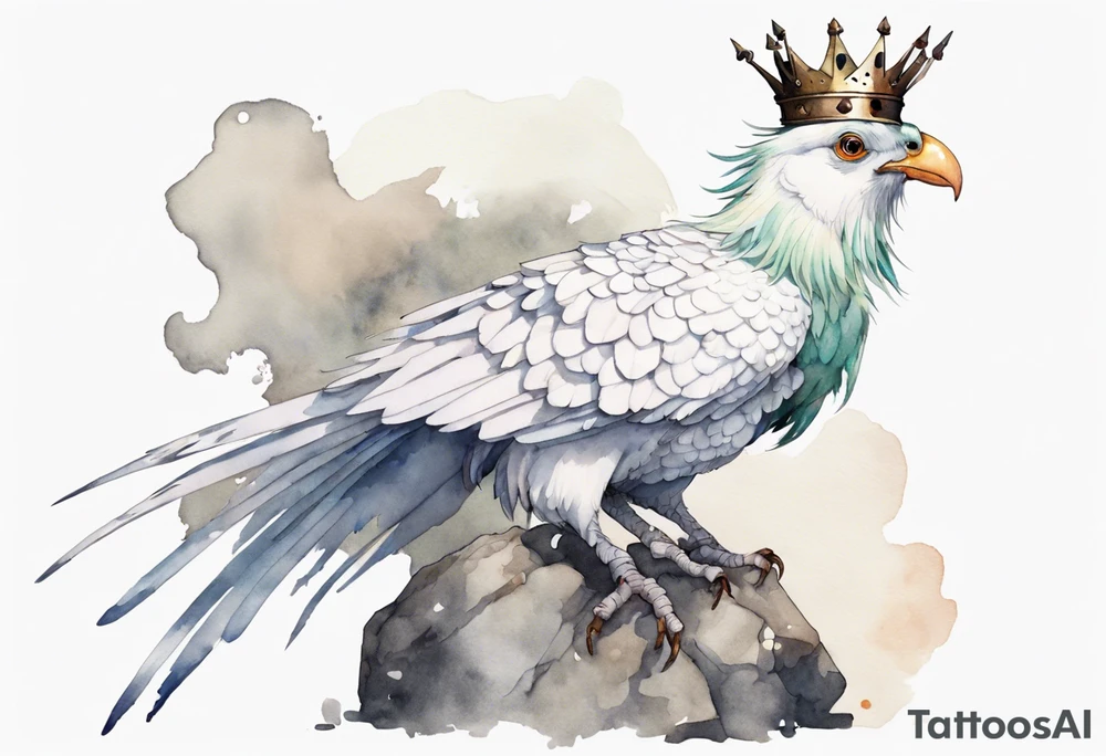 a white Cockatrice wearing a plain iron crown, perched on a stone tattoo idea