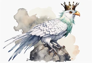 a white Cockatrice wearing a plain iron crown, perched on a stone tattoo idea