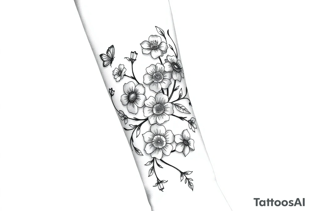 Create a wraparound vine tattoo that starts in the middle of the outer side of the top of the right hand and travels up the forearm. Along the vine, starting on the hand, include a sweet pea flower. Then continue along the vine adding the following in order: heart, violet, holly sprig, Zoey 2011-12-01, daisy, hydrangea, anemone flower, dandelion, lisianthus, flowering cactus, black rose 2022-08-28, white butterfly, lily of the valley, evening primrose and white butterfly , jasmine, forget-me-not and white butterfly, symbol for enduring love, a violet, sweet pea and narcissus and finally a white butterfly. tattoo idea