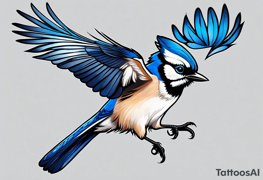 Strong blue jay bird in flight downward tattoo idea