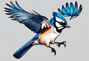 Strong blue jay bird in flight downward tattoo idea