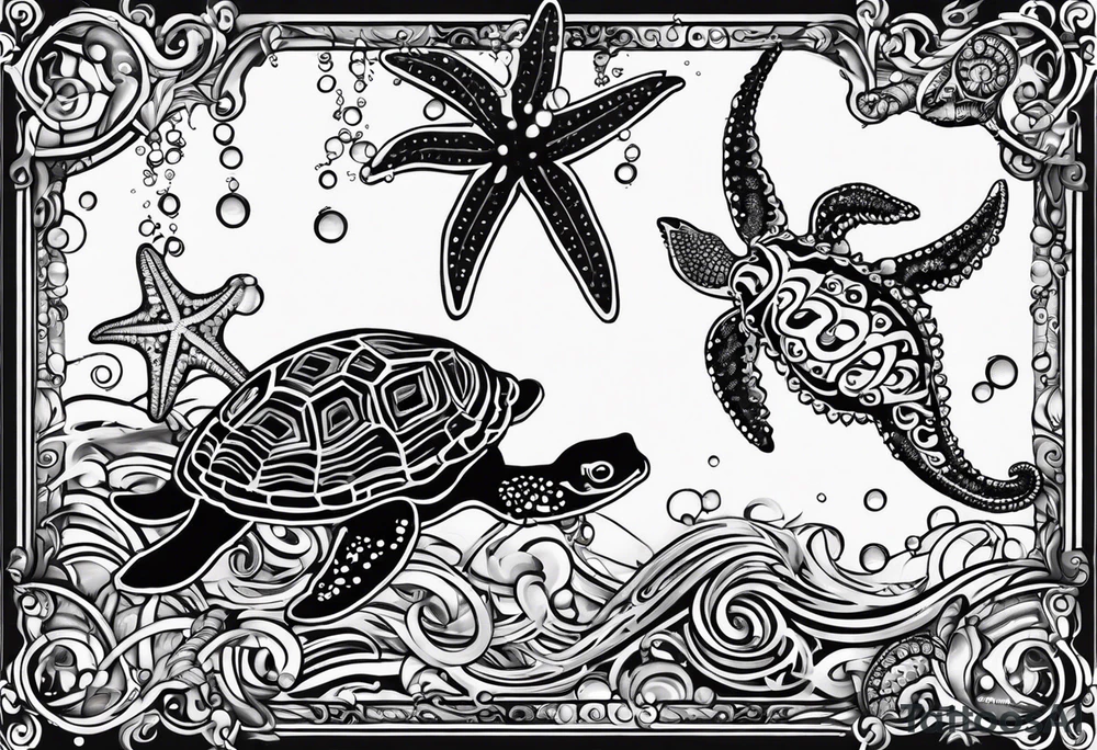 Small Starfish, Seahorse and turtle in a vertical line with bubbles tattoo idea