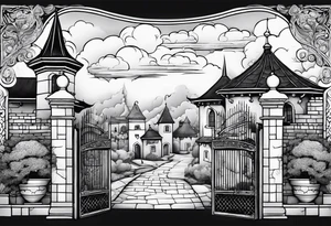 sky medieval town garden small houses gate entrance 
 in rounded vignette surrounded by clouds tattoo idea