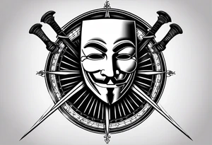 Centered v for vendetta, mask only. No hat.   Vintage compass surround. Crossed fencing swords tattoo idea