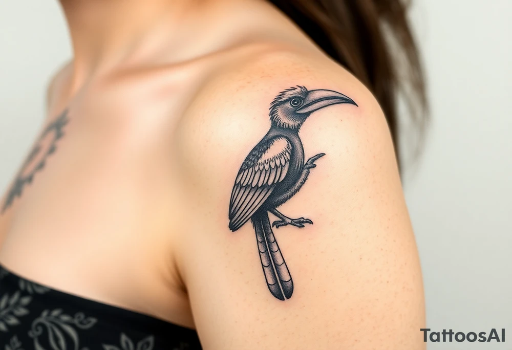 image of a Kalimantan ivory-horned hornbill with a Dayak motif woven background tattoo idea