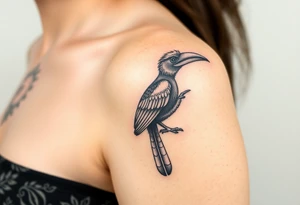 image of a Kalimantan ivory-horned hornbill with a Dayak motif woven background tattoo idea