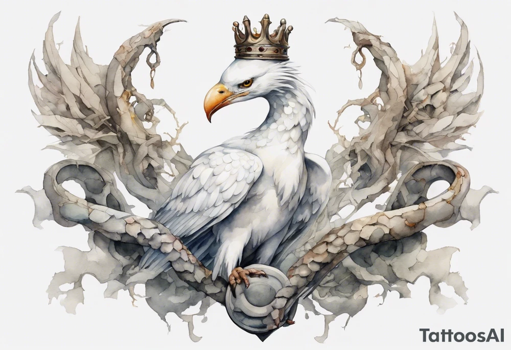 a watercolor of a white bird-serpent hybrid wearing an iron crown, perched upon a stone tattoo idea