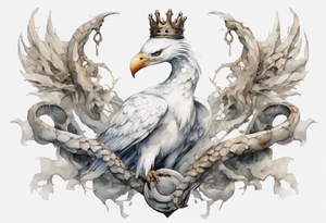 a watercolor of a white bird-serpent hybrid wearing an iron crown, perched upon a stone tattoo idea